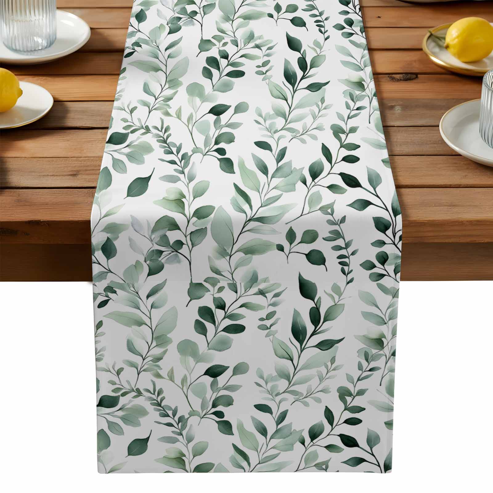 Green Eucalyptus Table Runner, Watercolor Leave Floral Pattern Cotton ...