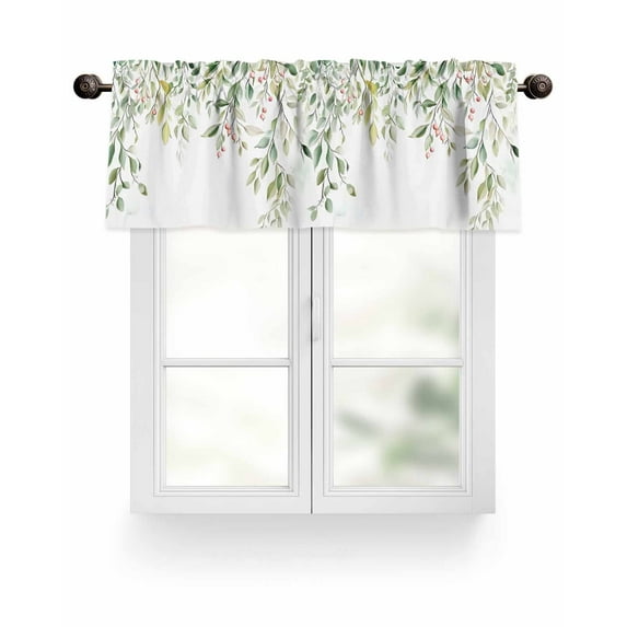 Green Eucalyptus Valances for Windows Leaf Red Fruit Watercolor Nature Plant Valance Rod Pocket Light Filtering Short Window Treatments Curtains for Kitchen Bathroom Living Room Bedroom, 42 x 12 Inch