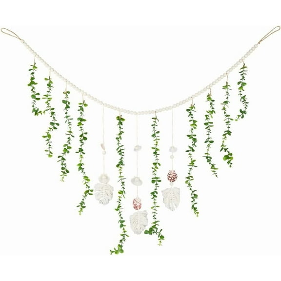 Green Eucalyptus Wall Garland Artificial Green Plants Leaves Hanging 55.5 x 21.3 Inch Large Boho Rustic Natural Cotton Shell Wooden Beads Hanging Decoration with Tassel for Home Nursery Farmhouse