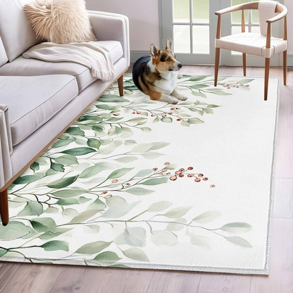 Green Eucalyptus Washable Area Rug 3x5 111 Leaf Red Fruit Watercolor Pastoral Plant Low-Profile Large Area Rugs with Non Slip Backing Indoor Floor Carpet for Entrance Living Room Bedroom Home Office