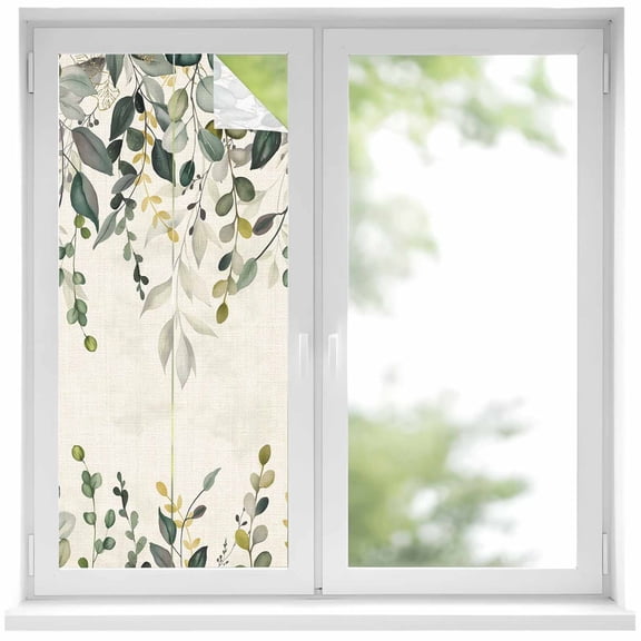 Green Eucalyptus Window Privacy Film, Farmhouse Weeping Leaves on Linen Static Cling UV Sun Blocking Heat Control Window Tint Day and Night, Non-Adhesive One Way Windows Privacy Cover 17.7''x39.3''