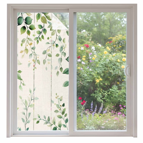 Green Eucalyptus Window Privacy Film Leaf Retro Linen Background Farmhouse Decorative Glass Window Film UV Blocking Static Cling Non-Adhesive Sticker Covering for Home Door 35.4x78.7 inches