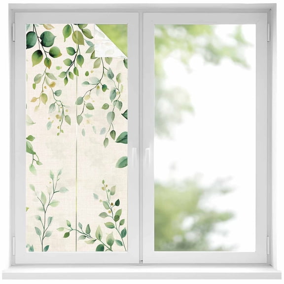 Green Eucalyptus Window Privacy Film Leaf Retro Linen Background Farmhouse Decorative Glass Window Film UV Blocking Static Cling Non-Adhesive Sticker Covering for Home Door 19.6 x 39.3 inches