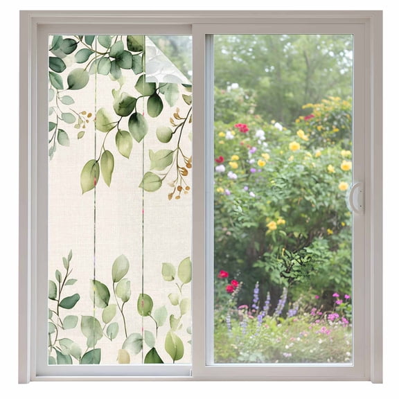 Green Eucalyptus Window Privacy Film Leaf Watercolor Plant Linen Background Decorative Glass Window Film UV Blocking Static Cling Non-Adhesive Sticker Covering for Home Door 35.4x78.7 inches
