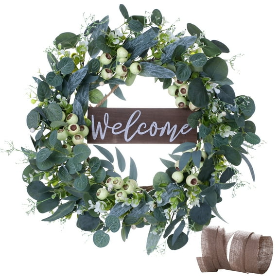 Green Eucalyptus Wreath,Artificial Eucalyptus Leaves Wreath with Big Berries,Spring/Summer Greenery Wreath for Front Door Wall Window Decor-20in
