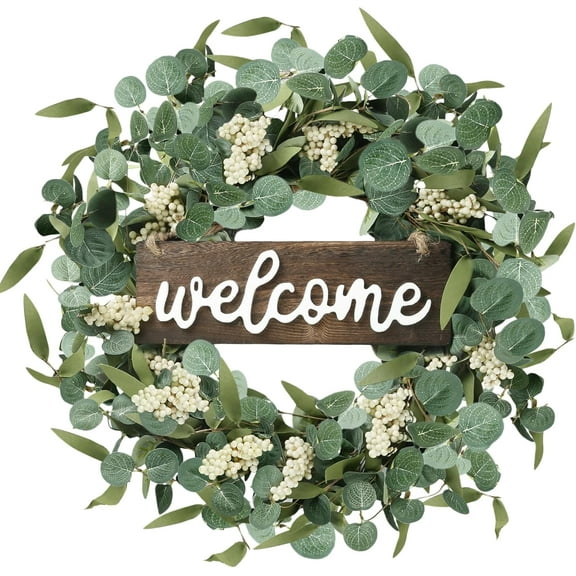 Green Eucalyptus Wreath with Welcome Sign 20in Artificial Spring Summer White Berries for Front Door Wall Window Festival Farmhouse Porch Patio Garden Decor, White,green