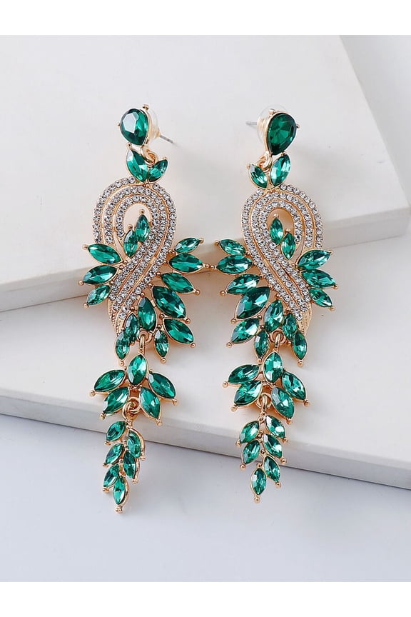 Green Exaggerated Dangle Earrings With Leaf Motif And Emerald-Tone Glass Crystals