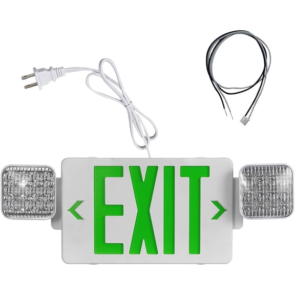 Green Exit Sign with Emergency Lights, LED Exit Light - Battery Backup, UL Listed, AC 120/277V - Corded Commercial Emergency Light Combo