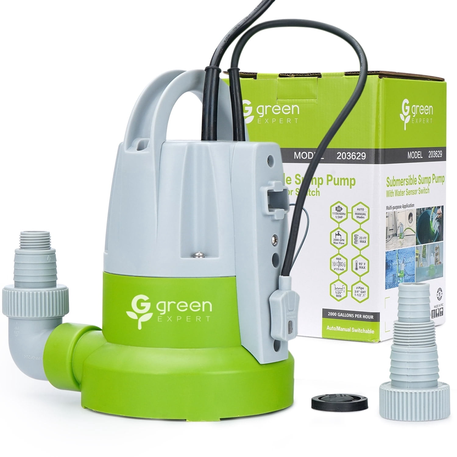 Green Expert 1/3HP Sump Pump Submersible Unique Flow Sensor Switch Last-inch Water Draining Design for Completely Water Removal from Flooded Basement Pools Hot Tub Backyard