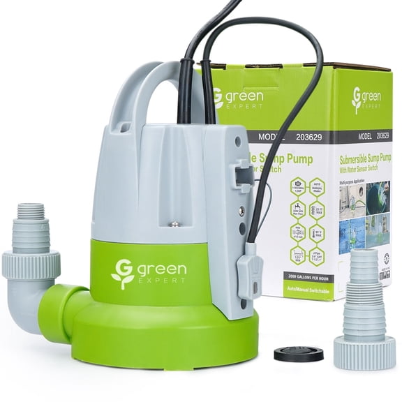 Green Expert 1/3HP Sump Pump Submersible Unique Flow Sensor Switch Last-inch Water Draining Design for Completely Water Removal from Flooded Basement Pools Hot Tub Backyard
