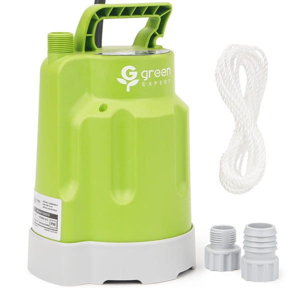 Green Expert 1/4HP Portable Sump Pump Full Corrosion Resistant Upgraded, Vinegar/Pools/Salt Water Applicable, Multipurpose Adapter Kit Easy to Use with Garden Hoses, 1800GPH Flow, 10-foot Power Cord