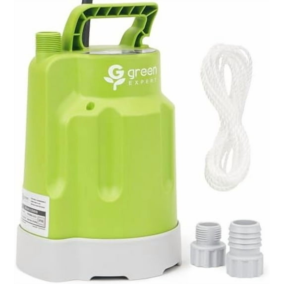 Green Expert 1/4HP Portable Sump Pump Full Corrosion Resistant Upgraded, Vinegar/Pools/Salt Water Applicable, Multipurpose Adapter Kit Easy to Use with Garden Hoses, 1800GPH Flow, 10-foot Power Cord