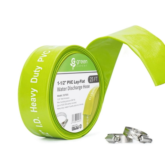 Green Expert 1.5" ID PVC Lay-Flat Discharge Hose, 25FT Long Heavy Duty for Pool Filter Backwash Water Disposal Sump Pump Accessory