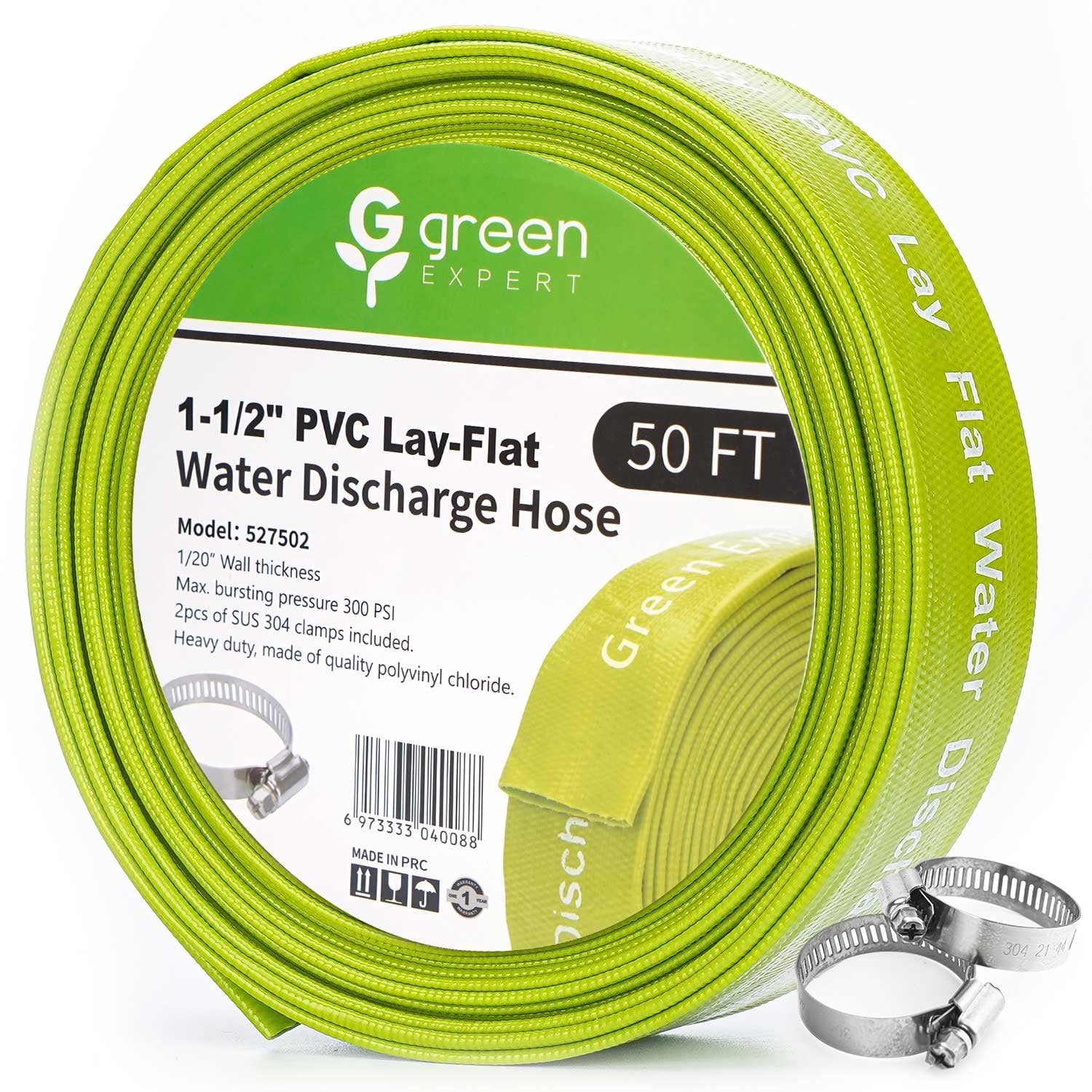 Green Expert 1.5" ID PVC Lay-Flat Discharge Hose Pump Draining Kit Heavy Duty Pool Filter Backwash Hose Great for Water Disposal in Garden Pond Flooded House 50 Feet Length