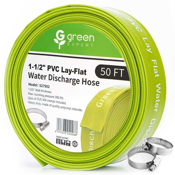 Green Expert 1.5" ID PVC Lay-Flat Discharge Hose Pump Draining Kit Heavy Duty Pool Filter Backwash Hose Great for Water Disposal in Garden Pond Flooded House 50 Feet Length