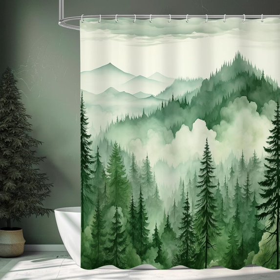 Green Extra Long Misty Pine Forest Shower Curtain 72 x 84, XL Mountain Foggy Woodland Scenery Tree Shower Curtains for Bathroom, Waterproof Nature-Themed Decor