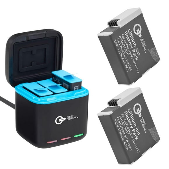 Green Extreme Battery Charger Kit for GoPro Hero 12 11 10 9, 2-Pack Battery + Triple Charge Case with Type-C Charging Cord 1730mAh, Cold Weather Version, GoPro Replacement Batteries
