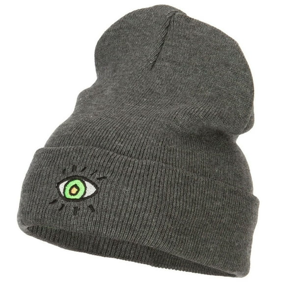 Green Eye Embroidered Long Beanie - Dk Grey OSFM