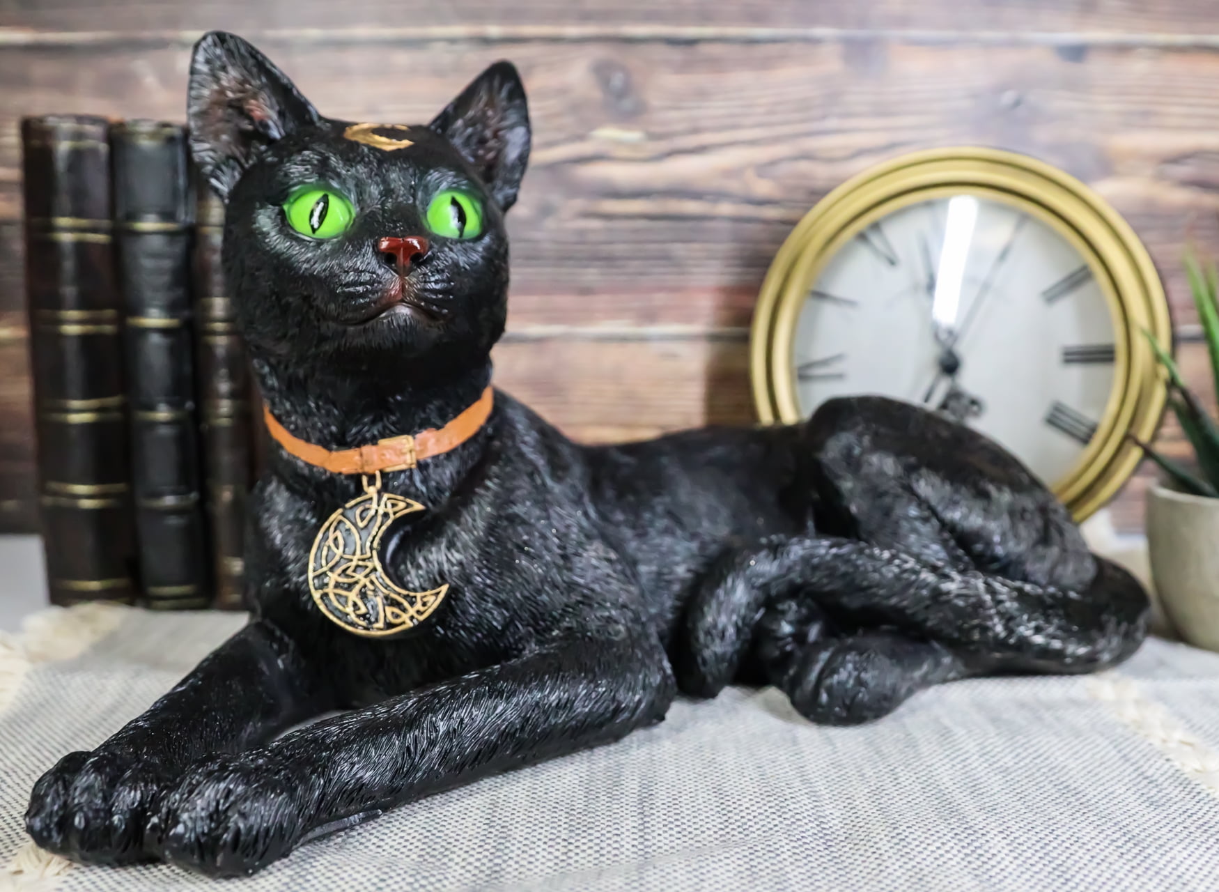 Green Eyed Black Cat With Crescent Moon Necklace Figurine