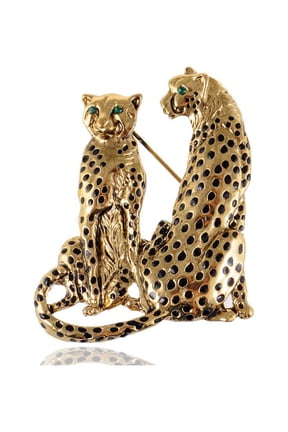 Green Eyed Crystal Rhinestone Golden Tone Twin Family Leopard Custom Pin Brooch