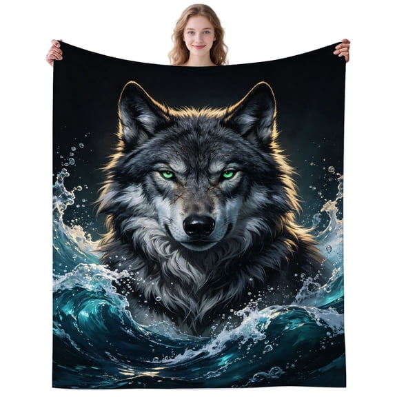 Green Eyed Wolf Blanket Gifts for Women Men Adults Wolf Lovers Plush Lightweight Cool Wolfs Throw Blankets for Sofa Travelling Decor Birthday Gifts 50×40 Inch
