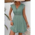 thumbnail image 1 of Green Eyelet Lace V-Neck Short Sleeve A-Line Mini Dress, 1 of 6