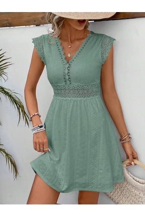 Green Eyelet Lace V-Neck Short Sleeve A-Line Mini Dress