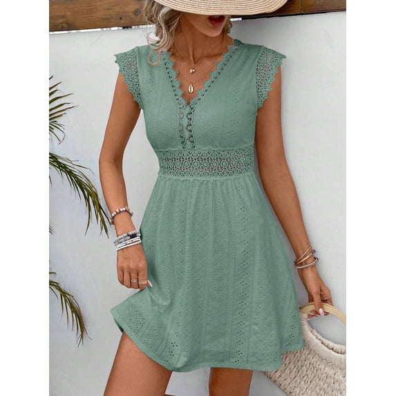 Green Eyelet Lace V-Neck Short Sleeve A-Line Mini Dress