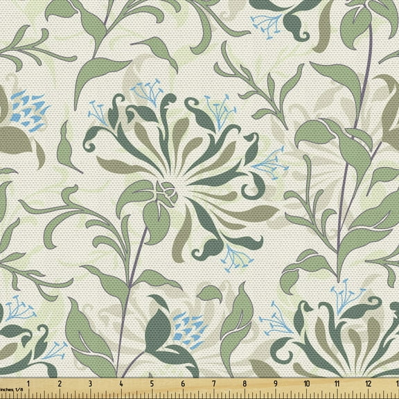 Ambesonne Green Fabric by the Yard Upholstery, Pastel Floral Ornaments, 2 Yards, Multicolor