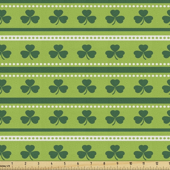 Green Fabric by the Yard, Traditional Irish Pattern Clovers Happy St. Patrick's Day Theme, Upholstery Fabric for Dining Chairs Home Decor Accents, 5 Yards, Lime Green Dark Green by Ambesonne