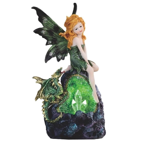 Green Fairy And Dragon With LED Crystal Stone Figurine