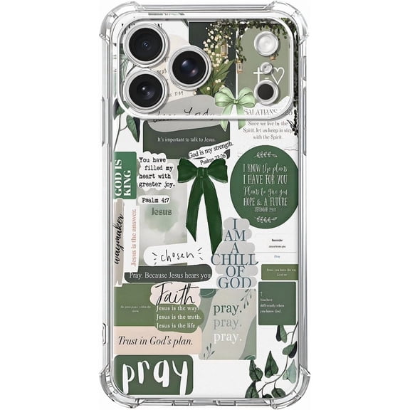 Green Faith Bible Verse Case for iPhone 17 Pro, Cute Jesus God Quote Collage Christian Religious, Soft TPU Bumper Cover Case for iPhone 17 Pro