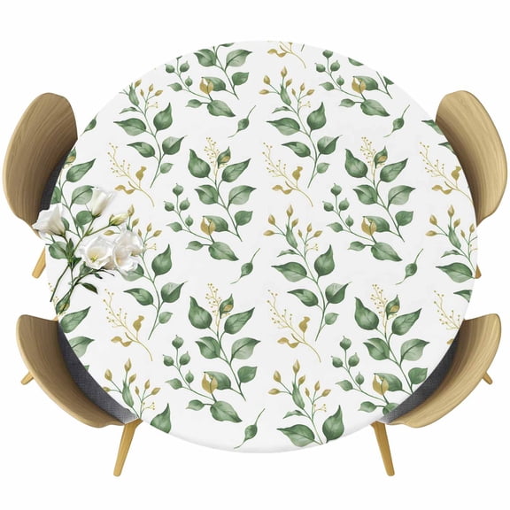 Green Fall Leaves Round Tablecloth, Fitted Table Cover with Elastic for 36"-44" Round Tables, Farmhouse Botanical Leaf Watercolor Table Cloth Outdoor Indoor Dinning Party Waterproof Tablecloths