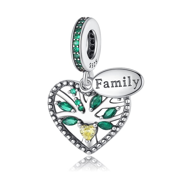 Green Family Tree Heart S925 Dangle Charm for Women Bracelet Necklace Pendant