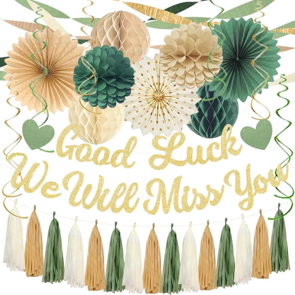 Green Farewell Party Decorations Men Women, Good Luck We Will Miss You Banner Crepe Paper Streamers Honeycomb Balls Kit For Going Away/Leaving/Retirement Party Dcor, Coworker Goodbye Party