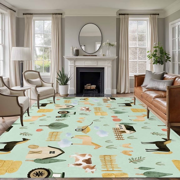 Green Farm 5'x7' Rug for Living Room Sofa and Coffee Table Layout, Farmhouse Cartoon Horse Cow Chicken Fence Truck Tree Non Slip Rectangle Area Rug, Machine Washable Indoor Outdoor Mat