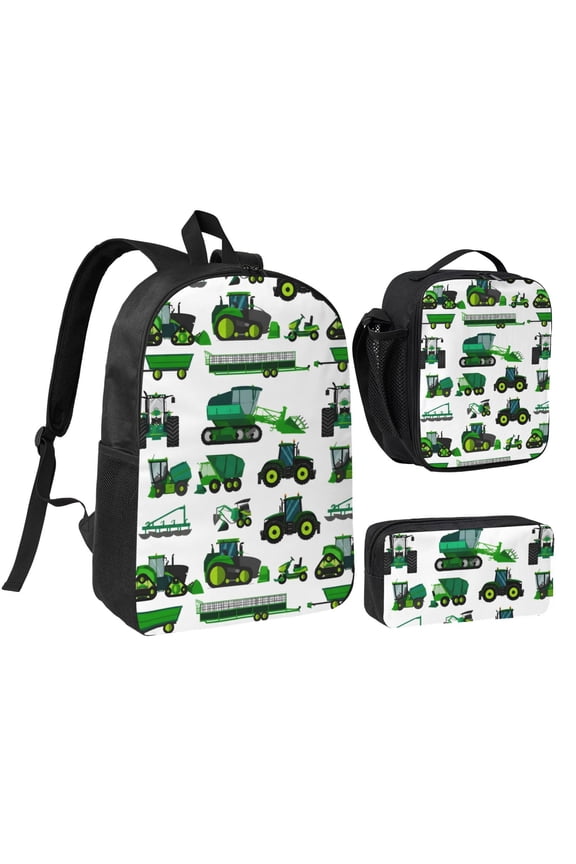 Green Farm Tractor Backpack Set 3pc Including Backpack, Lunch Bag and Pen Bag Combination