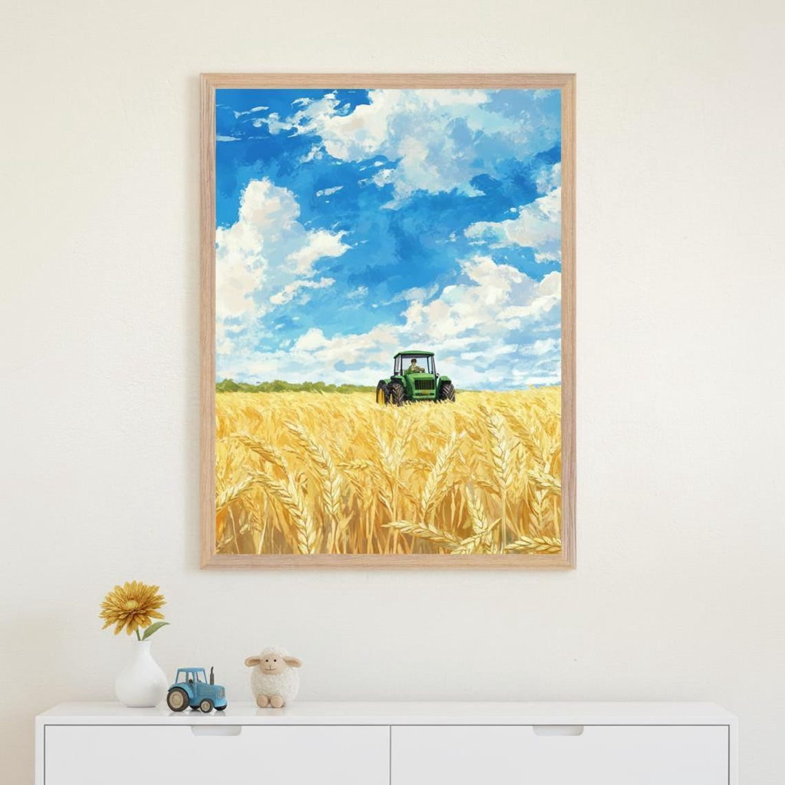 Green Farm Tractor In Golden Wheat Field Wall Art Print, Rustic Harvest ...