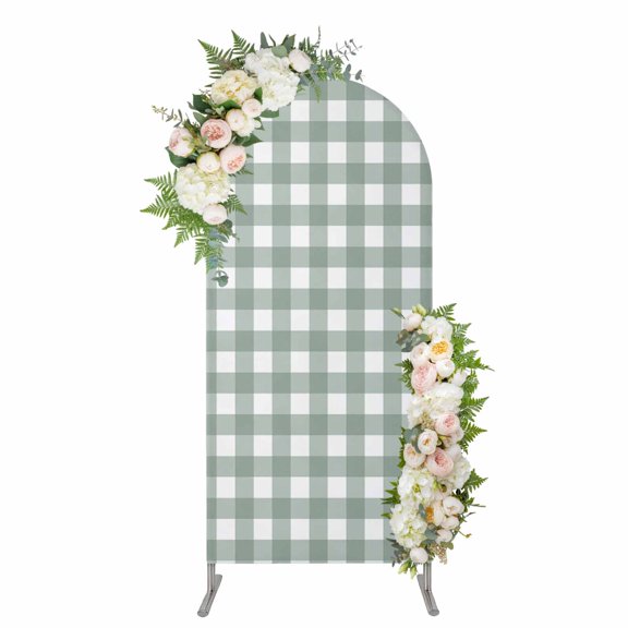 Green Farmhouse Arch Backdrop Cover, Spandex Fitted Wedding Arch Cover, Buffalo Plaid Check Lattice White Grid Round Top Stand Covers for Birthday Ceremony Bridal Shower Party Decor 5x2.1 Ft