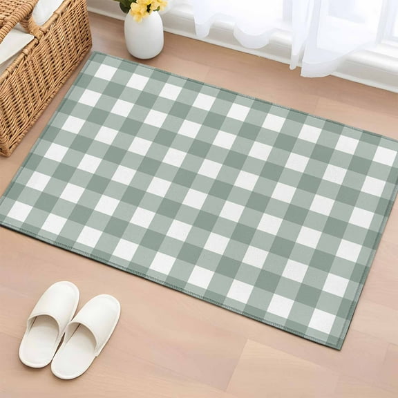 Green Farmhouse Bathroom Rug Washable 2x3 Entryway Rug Non Slip Buffalo Plaid Check Lattice White Grid Front Door Mat Low Pile Indoor Doormat Throw Floor Carpet for Kitchen Bedroom Entrance