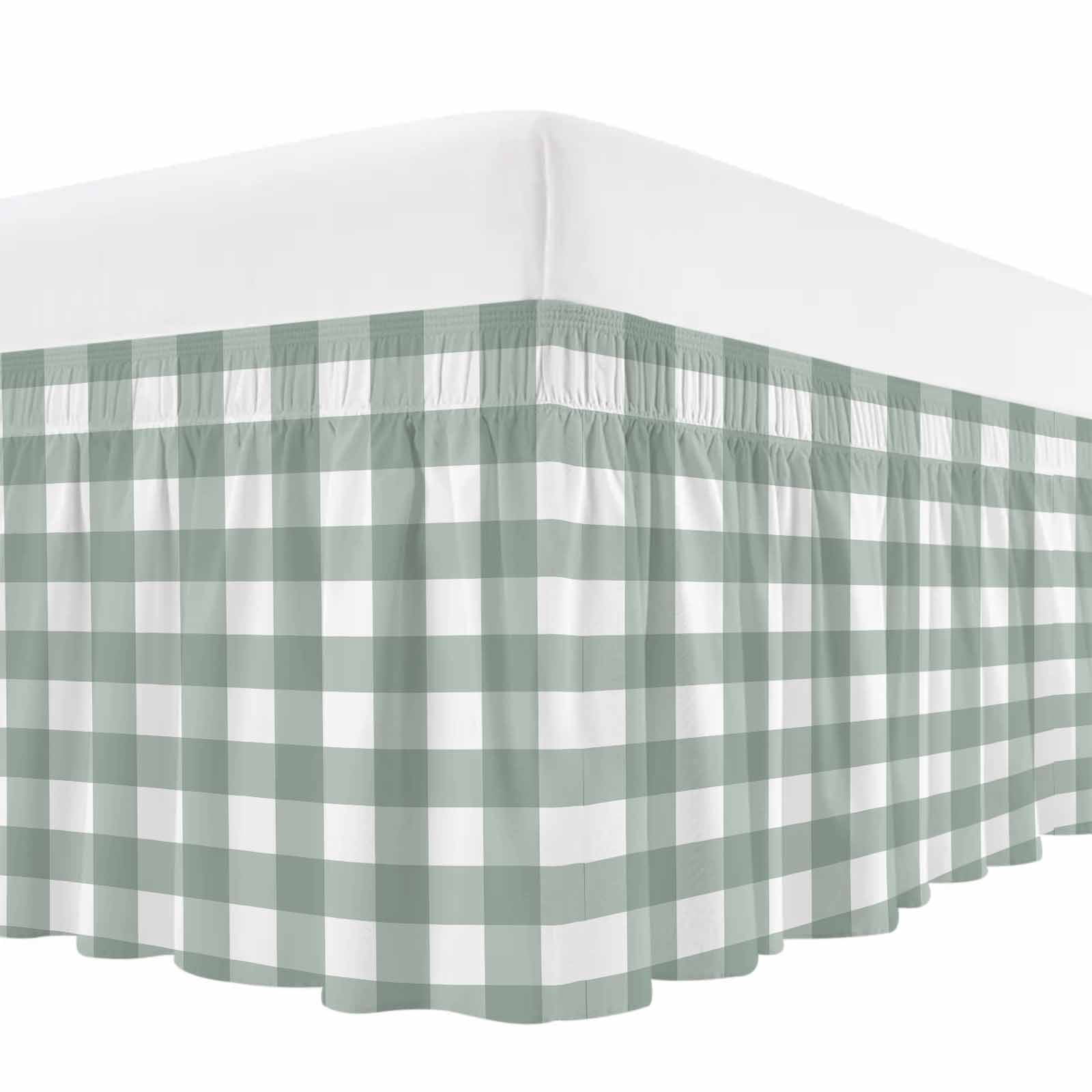 Green Farmhouse Bed Skirt Queen Size, Buffalo Plaid Check Lattice White Grid Wrap Around Bed Skirting with Adjustable Elastic Strap, Dust Ruffle Pleated Bedskirts 18 Inch Drop for Bedroom Queen Beds
