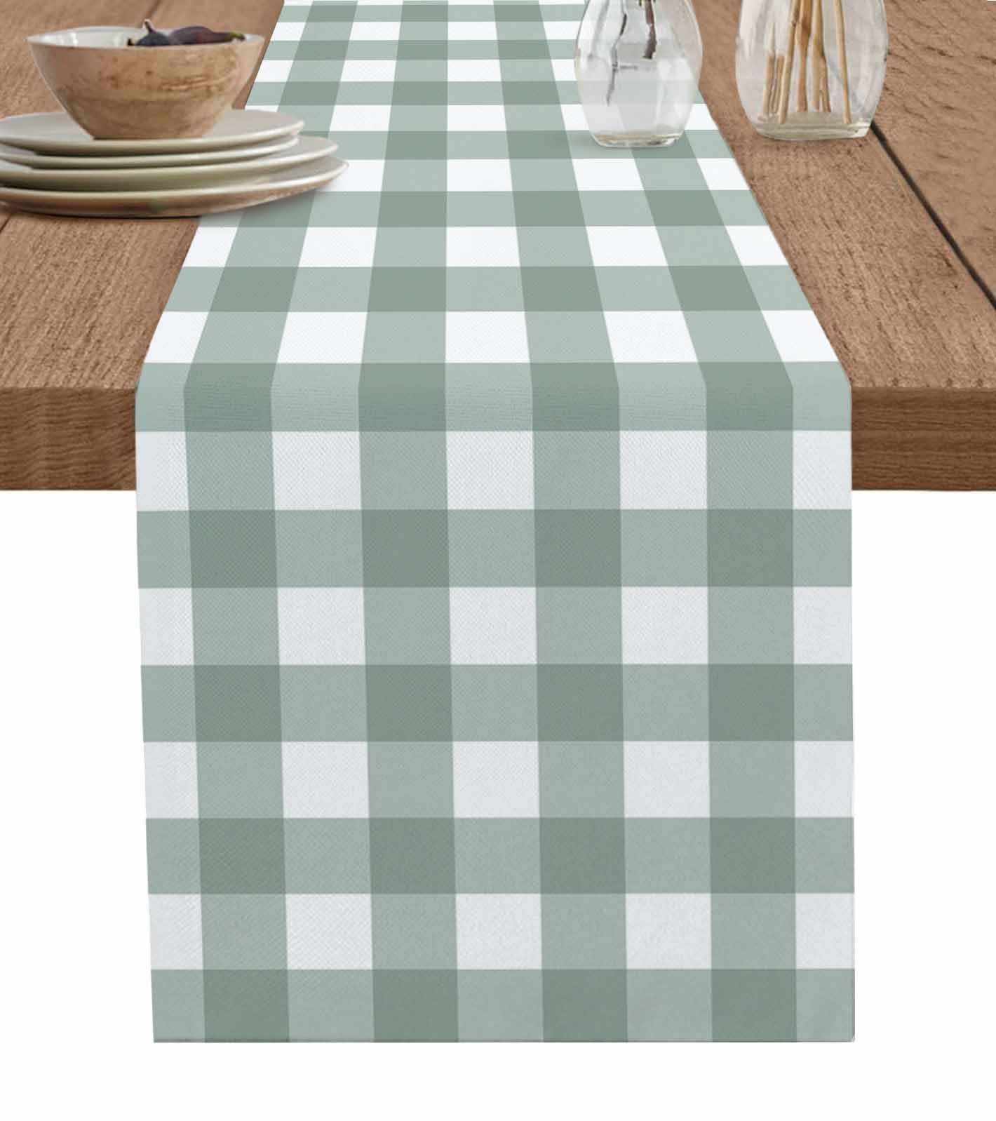 Green Farmhouse Burlap Cotton Table Runner 13x90 Inches Long, Buffalo Plaid Check Lattice White Grid Farmhouse Table Runners, Outdoor Dining Tablecloths Decor for Baby Shower/Party/Wedding