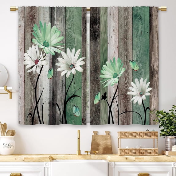 Green Farmhouse Daisy Kitchen Curtains Wooden Flower Small Short Cafe Window Curtains Rustic Floral Butterfly Country Barn Bathroom Drapes Treatment Tier Curtains 2 Panels (27.5x39 Inch)