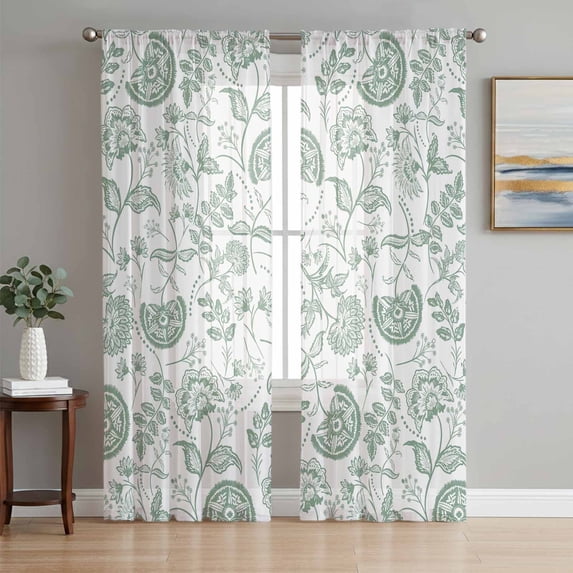 Green Farmhouse Sheer Curtains 63 Inch Length 2 Panels Set, Floral Floral Plant Leaf Vintage Fruit Voile Window Treatment Rod Pocket Curtains Sheers Drapes for Bedroom/Living Room/Kitchen 52x"63"x2