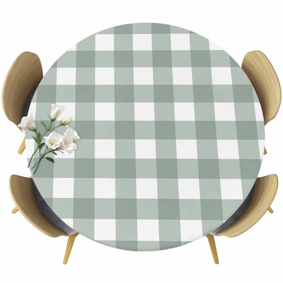 Green Farmhouse Table Cloth, Round Fitted Tablecloths with Elastic Edge, Buffalo Plaid Check Lattice White Grid Wipeable Waterproof Table Cover for Kitchen Wedding 55-60 Inches