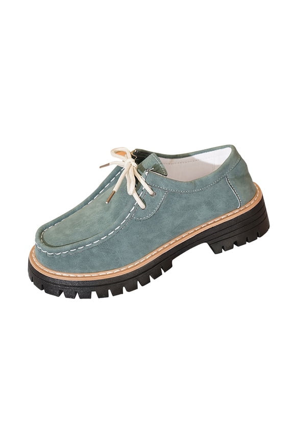 Green Fashion Ladies Loafers Mid Heel Lace Up Frosted Round Toe Thick Sole Vintage Style Comfortable Work Shoes