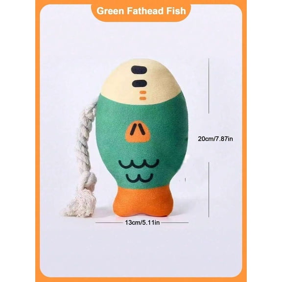 Green Fathead Fish Pet Toy With Rope Tail - Chewable Interactive Dog & Cat Toy