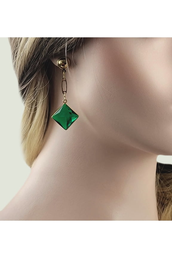 Green Faux Crystal Chain Link Drop Pierced Earrings 2 1/2" Ladies Adult Female