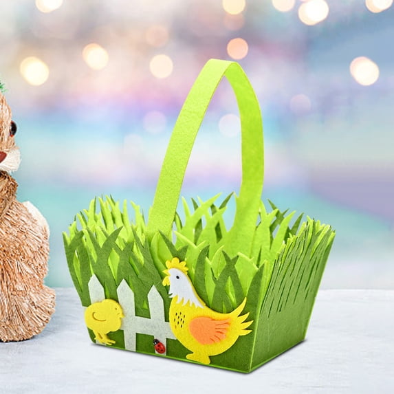 Green Felt Easter Basket with Handle, 5.5"x3.94" Chicken & Grass Design Non-Woven Fabric Basket, Empty Easter Gift Basket for Kids, Reusable Storage for Candy, Eggs & Spring Decor
