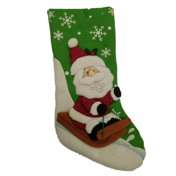 Green Felt Santa Claus & Sled Snowflake Christmas Holiday Stocking